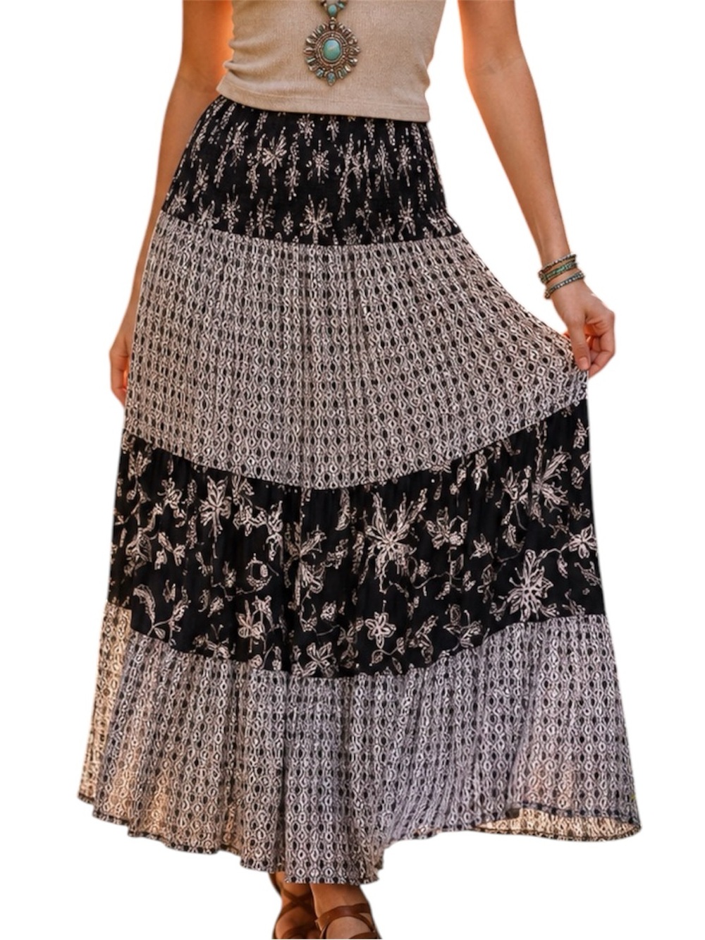 Charlie Paige Black & White Floral Geometric Print Tiered Boho Maxi Skirt Small